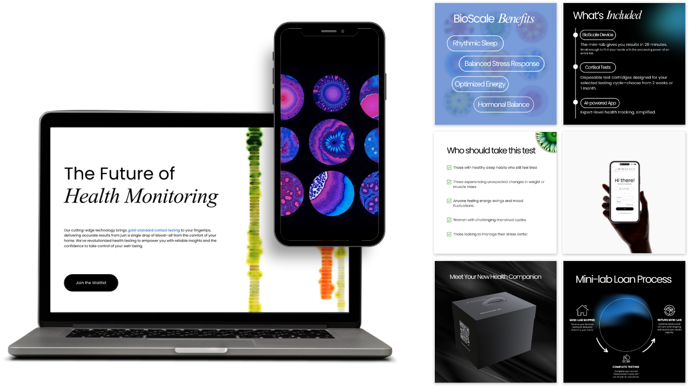 The image features a digital health monitoring concept with a laptop displaying the text 'The Future of Health Monitoring,' a smartphone with a colorful abstract screen in the center, and various informational panels about health testing services and processes, including benefits, target users, and mini-lab testing procedures.
