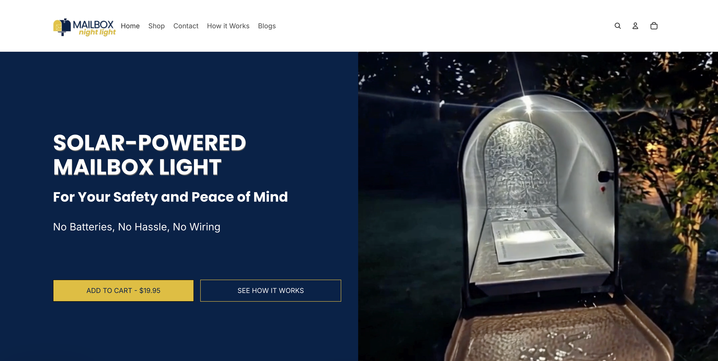 Website homepage for a solar-powered mailbox light, showing a mailbox with a light on, surrounded by trees at dusk, with navigation options and product details.