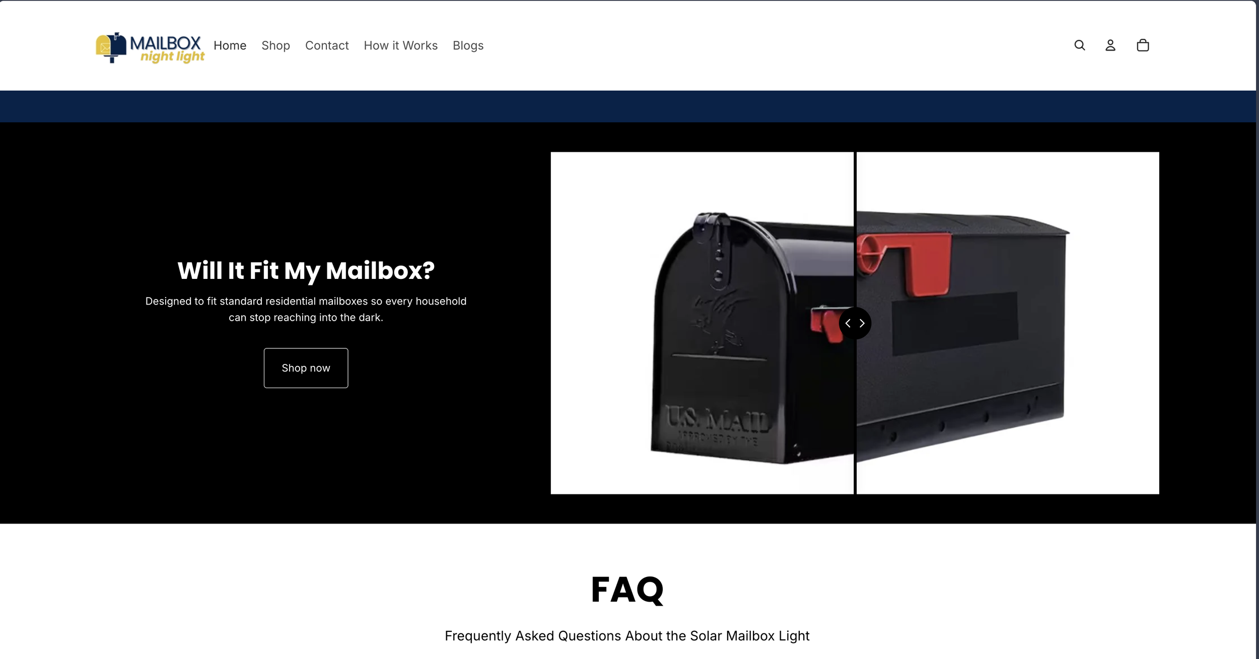 Screenshot of a webpage for a solar mailbox light product. The webpage has a logo in the top left corner, navigation menu links, and an image of a mailbox with a solar light attached. Text on the page reads, 'Will It Fit My Mailbox? Designed to fit s