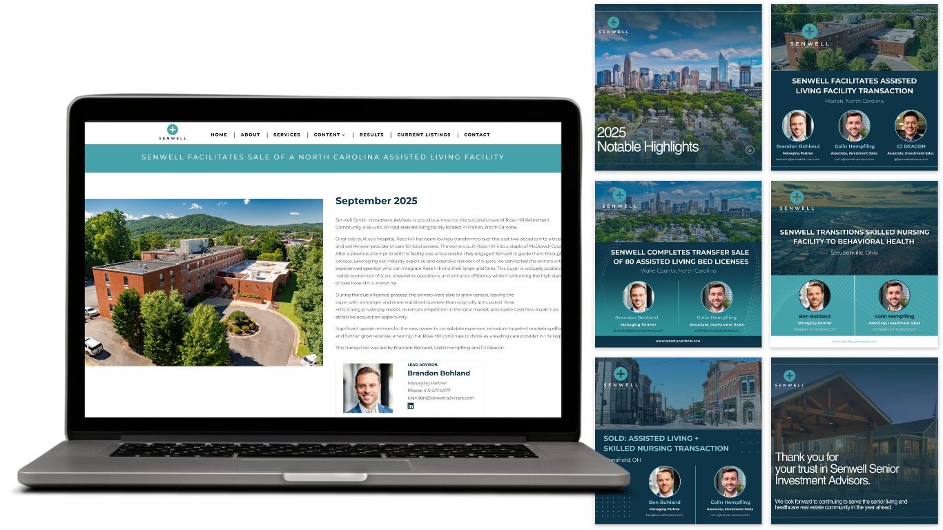 Laptop displaying a website about senior living facilities sale in North Carolina, surrounded by various promotional images related to senior housing and healthcare.