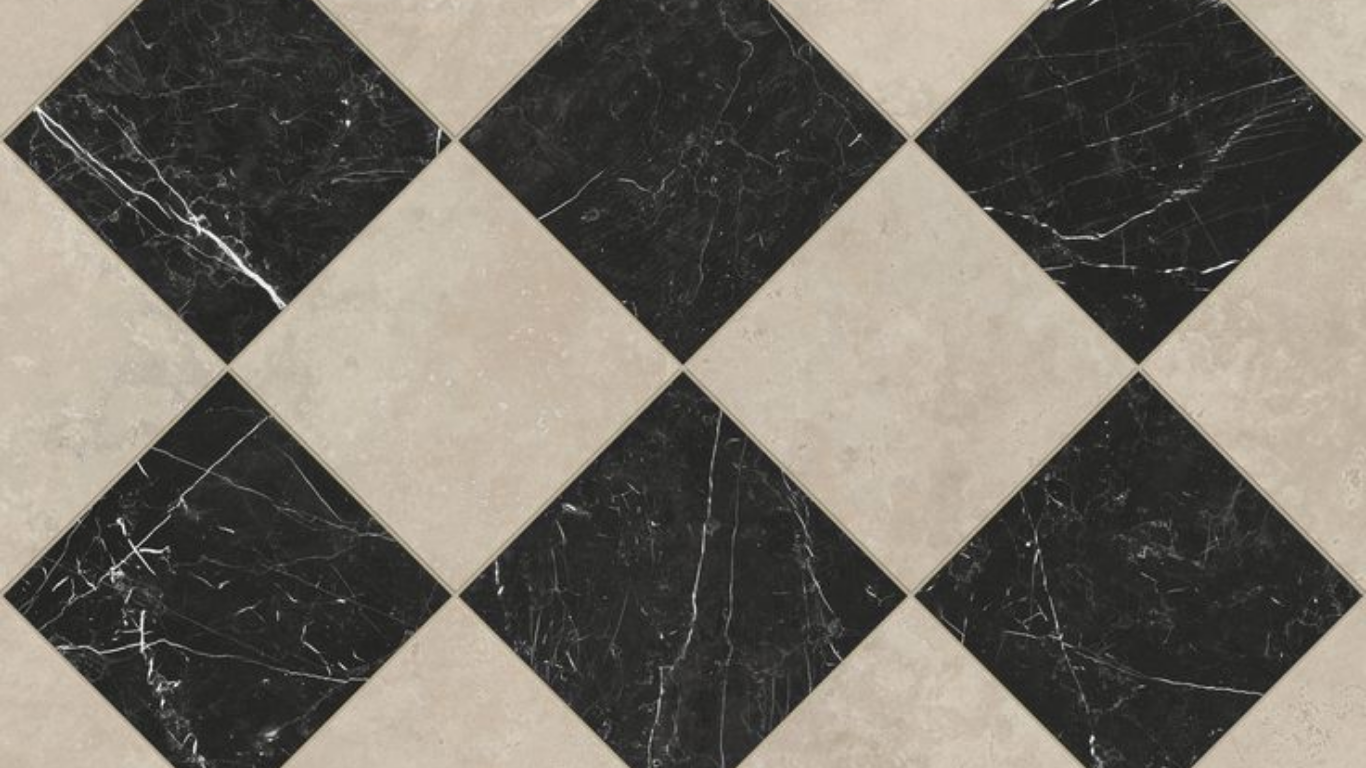 A diagonal pattern flooring with black marble tiles with white veining and beige tiles.