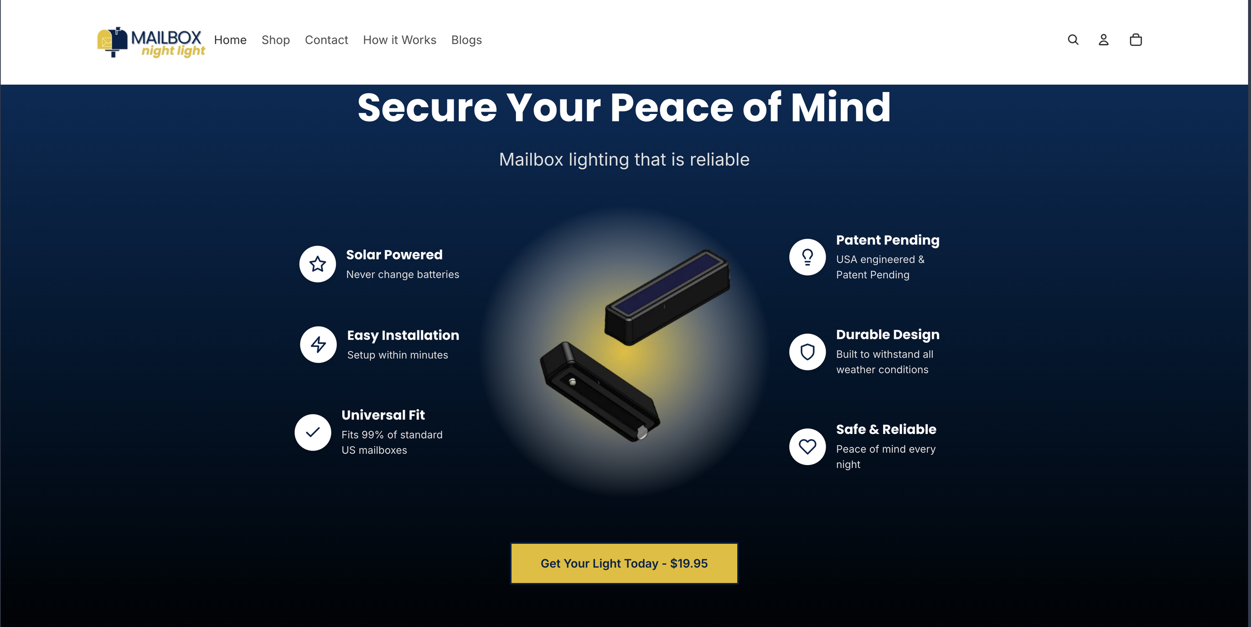 A website homepage for 'Mailbox Night Light' featuring a product image of a mailbox lighting device and descriptions highlighting its features such as solar powered, easy installation, universal fit, patent pending status, durable design, and reliabi