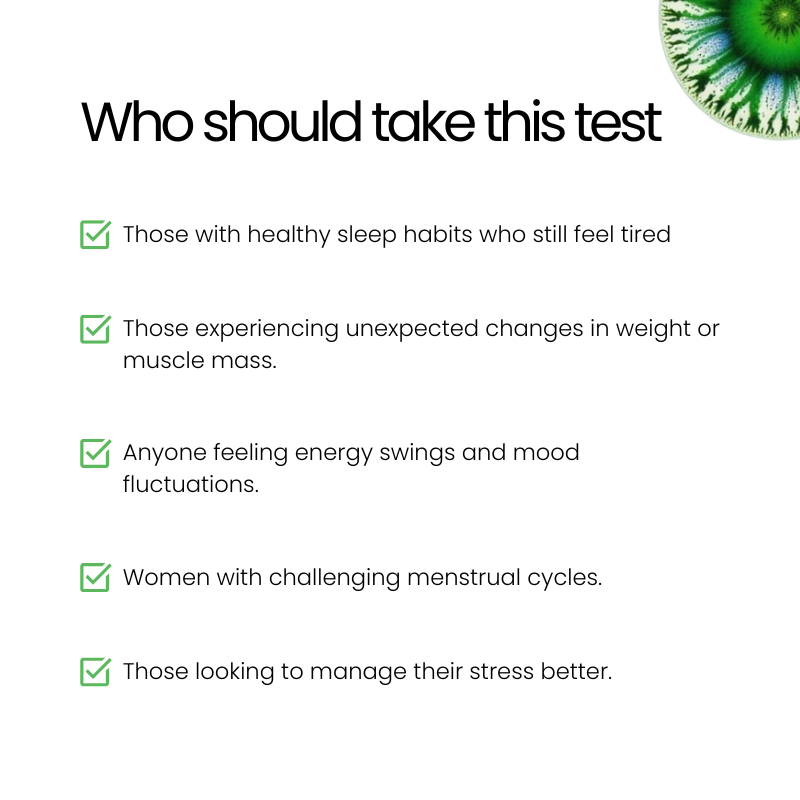 A checklist titled "Who should take this test" listing five groups with green checkmarks: people with healthy sleep habits feeling tired, those experiencing weight or muscle changes, energy swings and mood fluctuations, women with challenging menstru