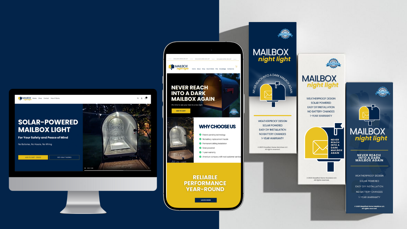 Displays waterproof solar-powered mailbox with night light feature on a computer screen and a smartphone, alongside product packaging boxes.