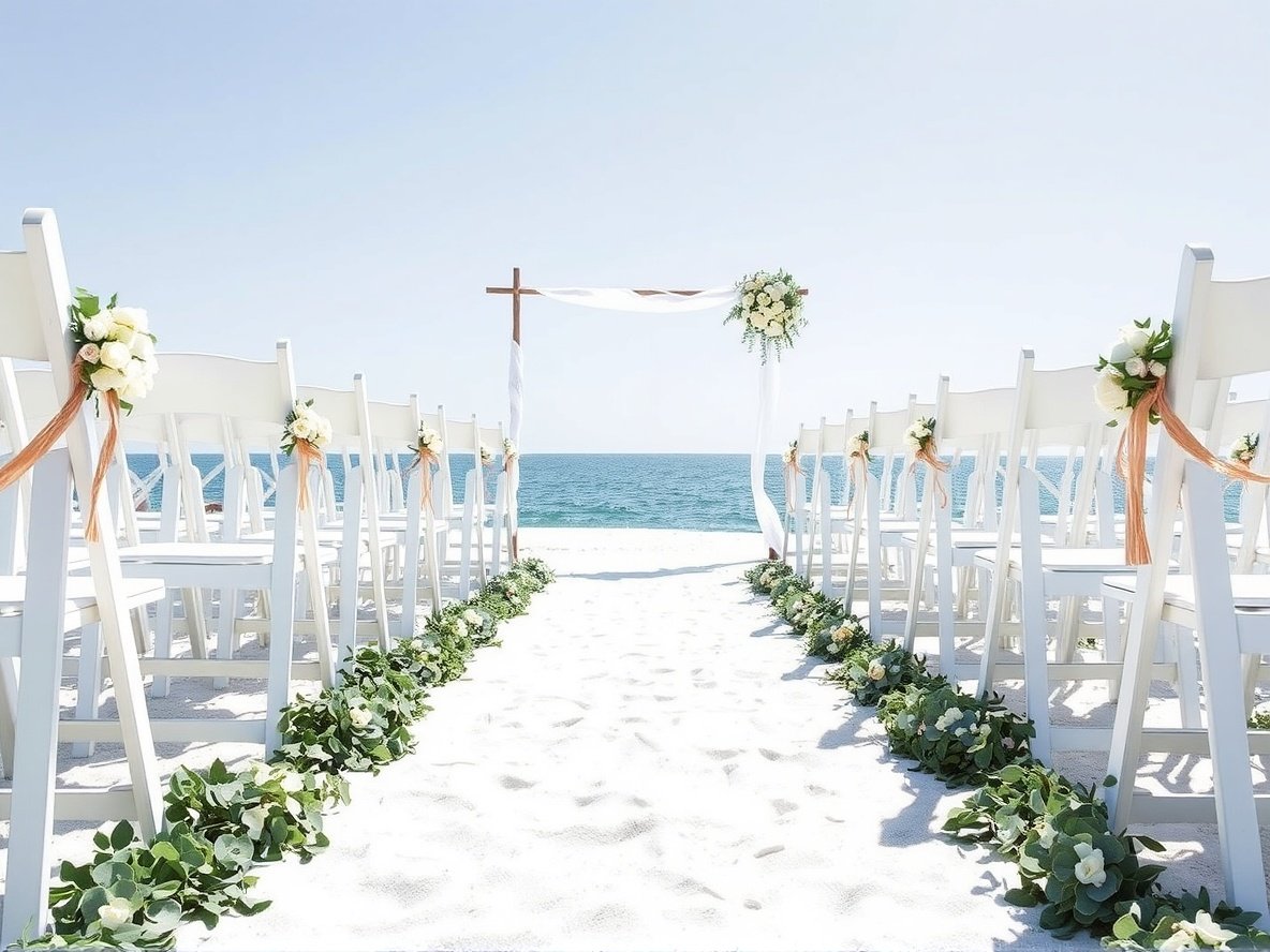 Florida beach wedding setting with white chairs and cross