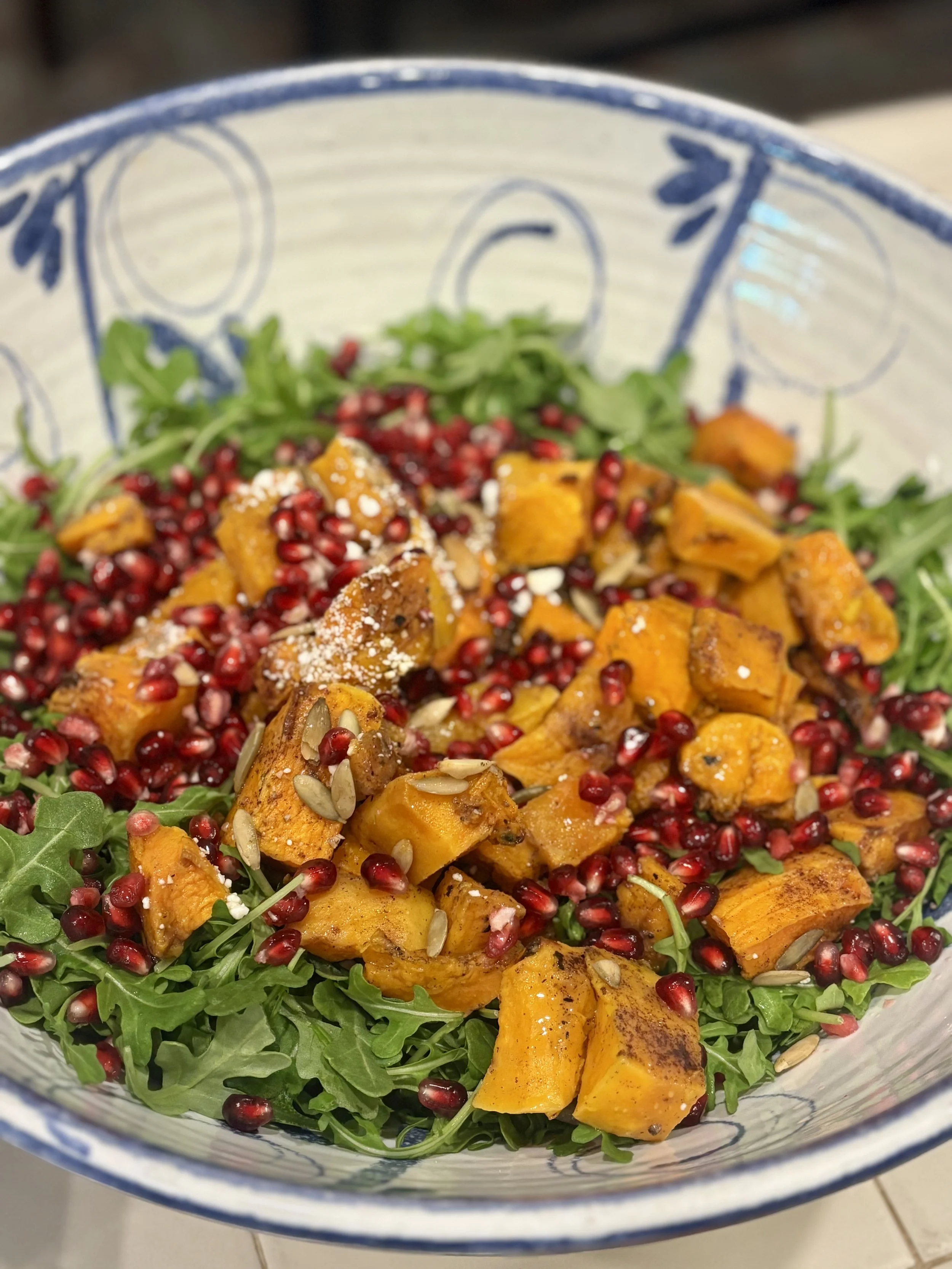 pumpkin seeds, pomegranate, arugula, butternut squash, goat cheese