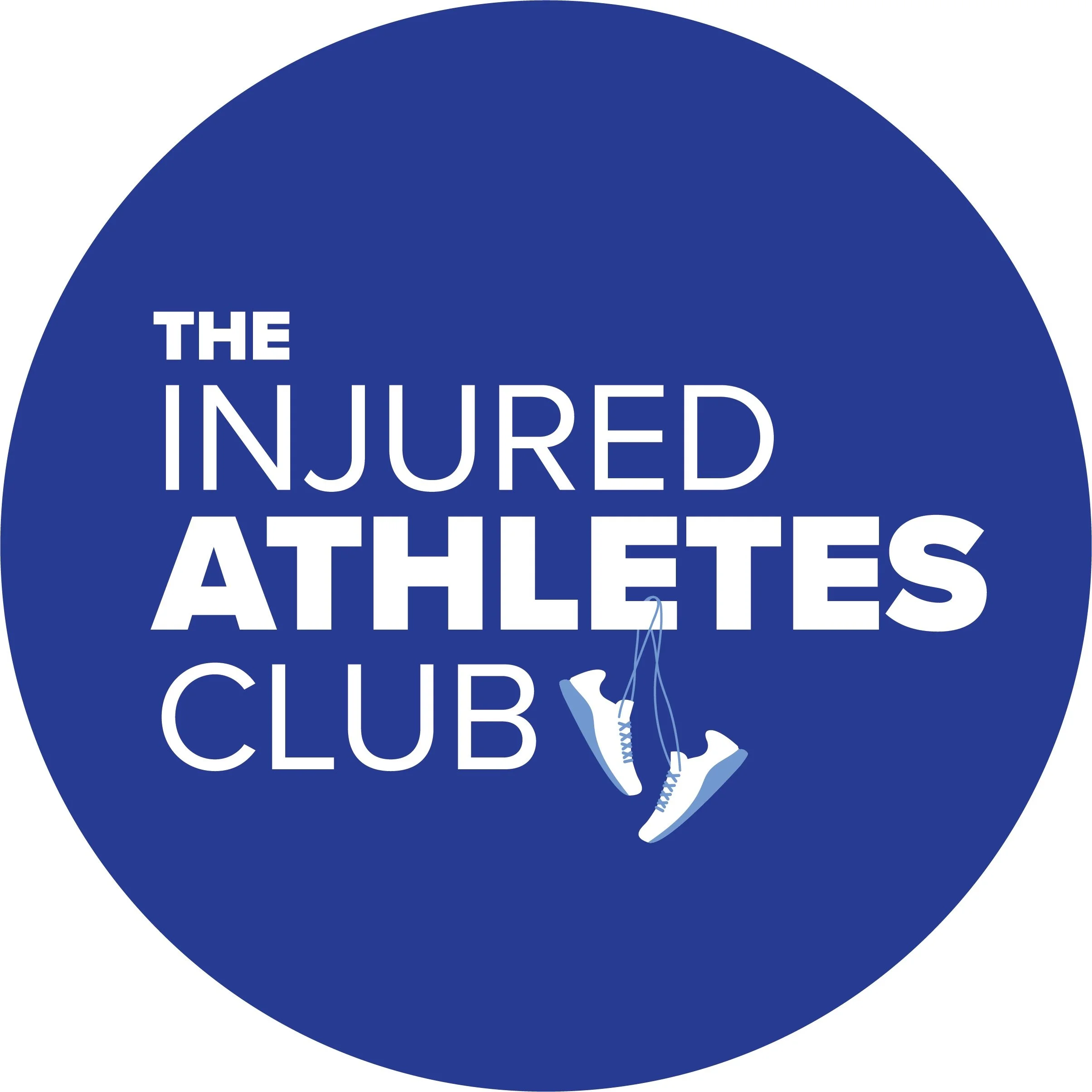 A circular blue logo with white text that reads 'The Injured Athletes Club' and a graphic of white sports shoes hanging from blue shoelaces.