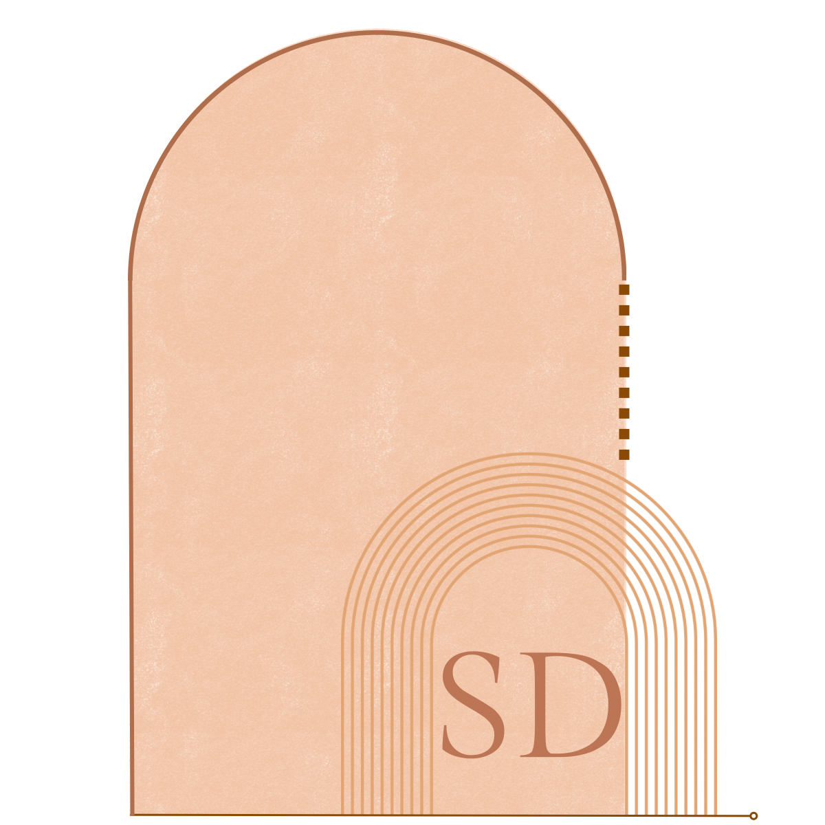 A graphic design featuring a large beige rounded arch and a smaller arch with concentric lines and the initials 'SD' in it