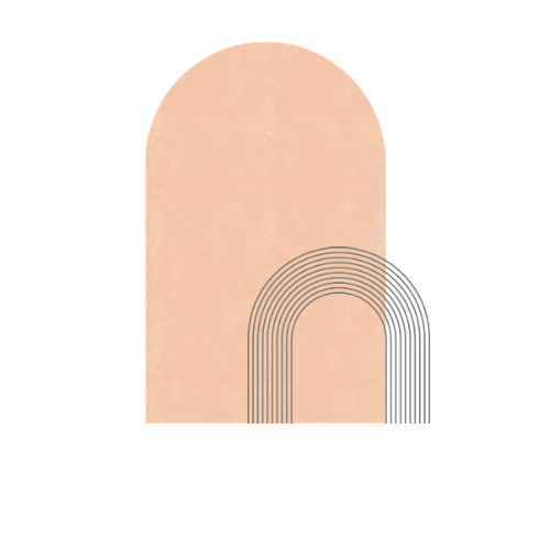 Abstract art featuring a large beige rounded arch and a smaller arch with black concentric lines