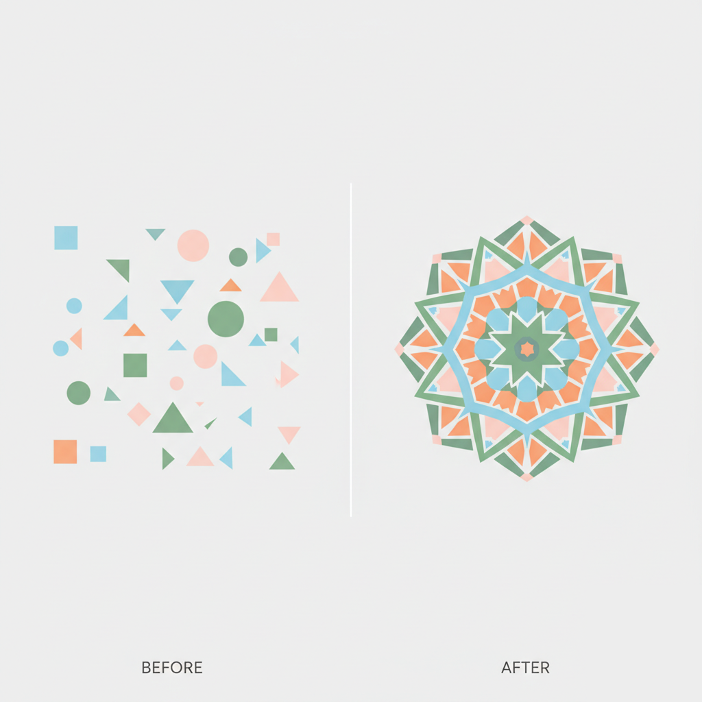 visual example of rearranging fragmented pieces into a complete pattern