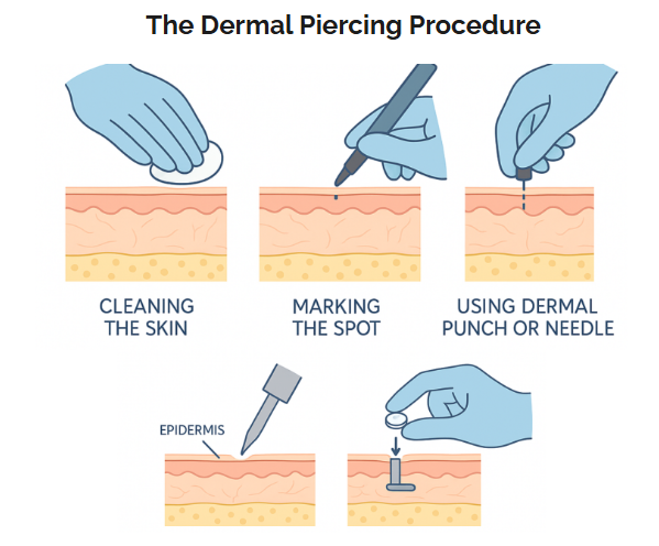 Step-by-step illustration of the dermal piercing procedure showing cleaning the skin, marking the spot, using a dermal punch or needle, inserting the implant into the epidermis, and securing it with a bottom plate.