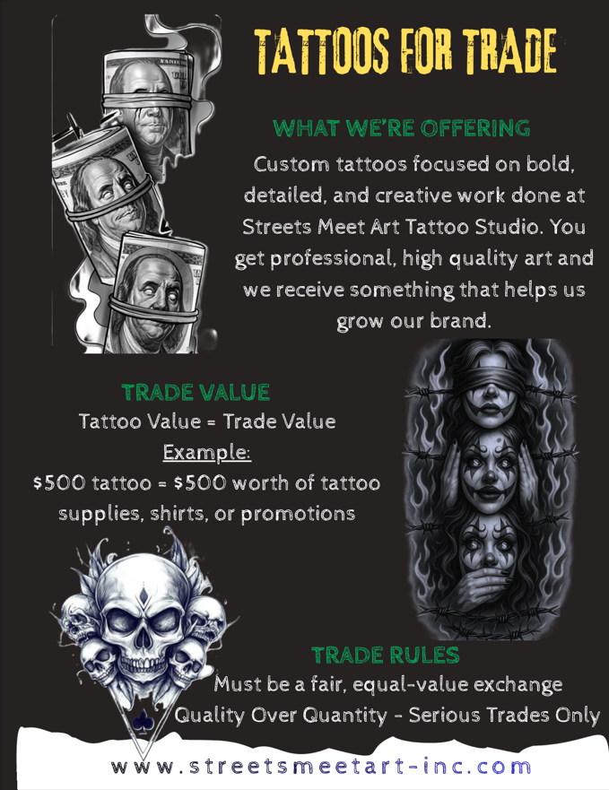 Graphic advertisement for tattoos for trade featuring skull and street art-style illustrations. Contains sections on offering custom tattoos, trade value example, and trade rules, with a website link at the bottom.
