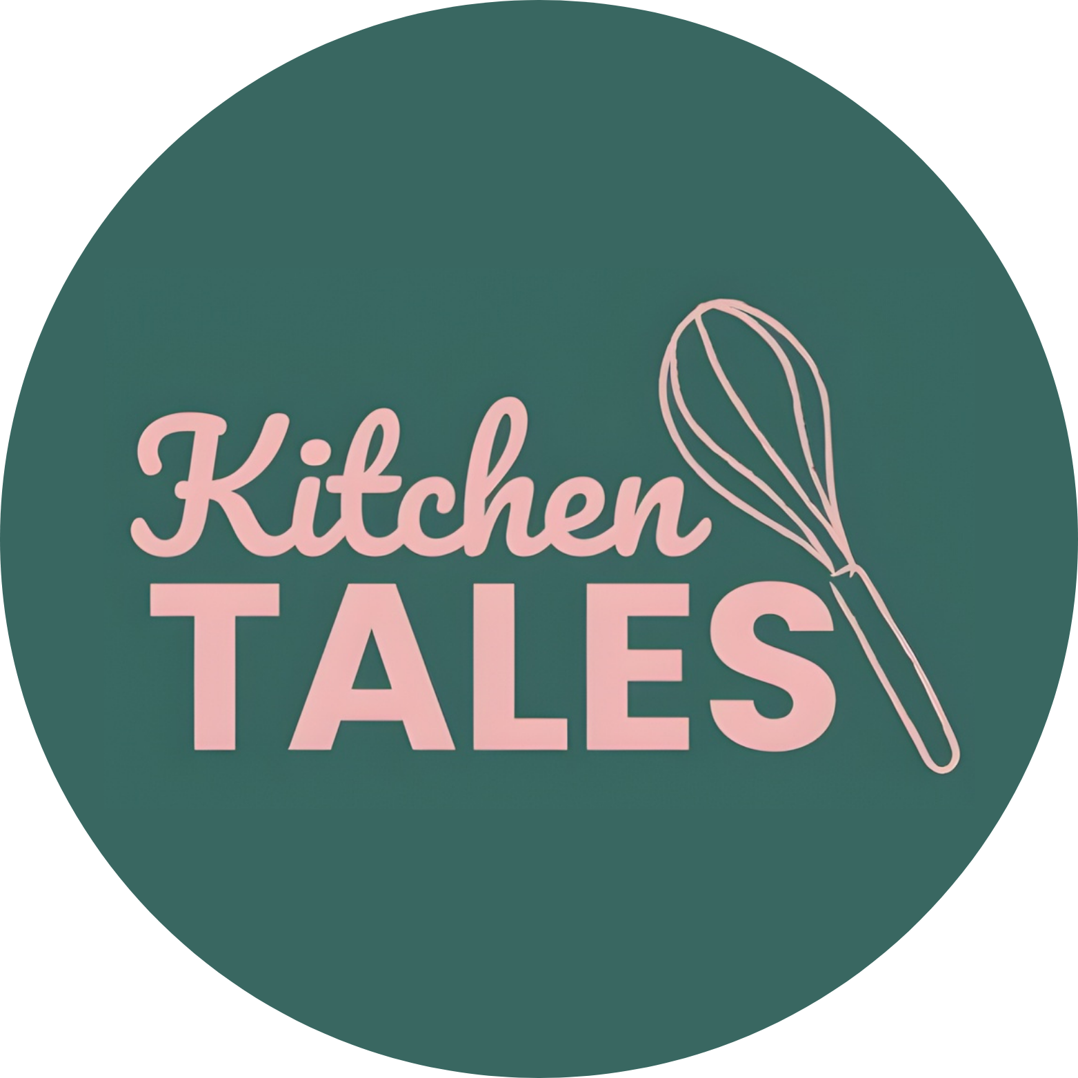 Pink text reads 'Kitchen TALES' with a whisk illustration on a teal background.