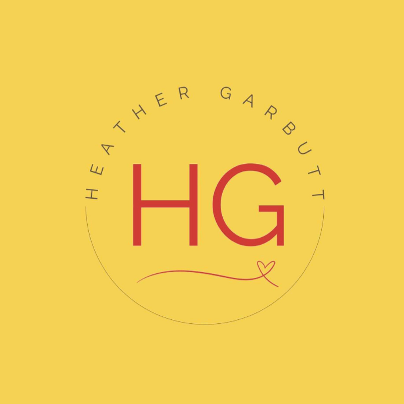 Brand logo with yellow background, red initials 'HG', and text "Heather Garbutt" encircling the initials.