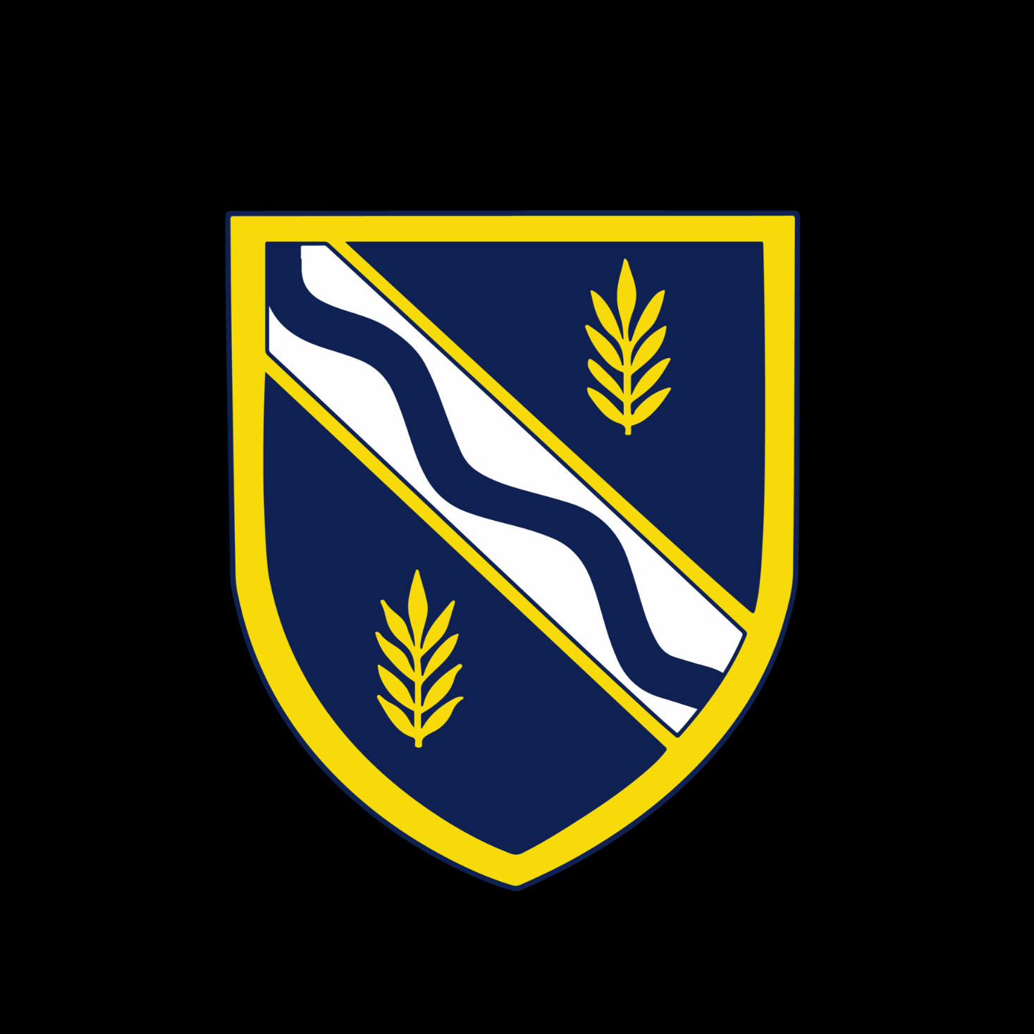 Kennet School Thatcham emblem featuring a shield with a white diagonal stripe and two yellow wheat ears on a dark blue background, bordered in yellow.