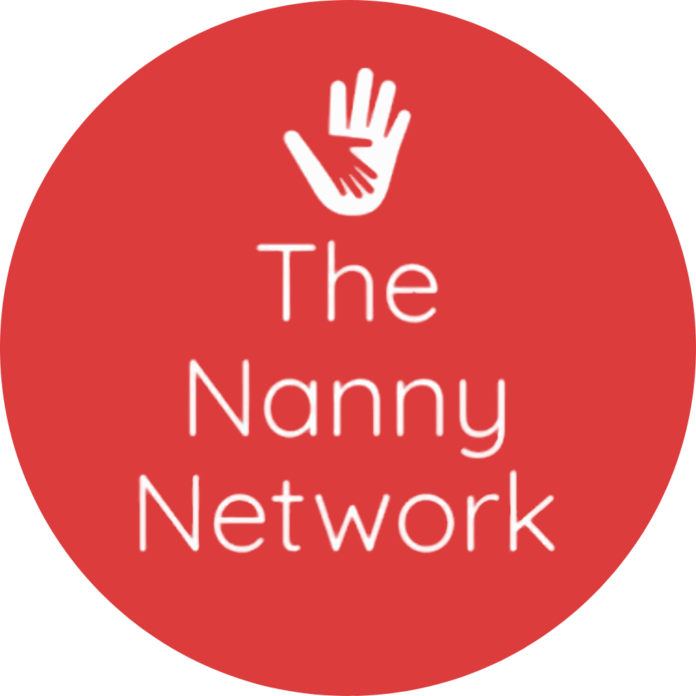 Logo of The Nanny Network featuring a white hand with a smaller red hand within it, on a red background with white circular border and text.