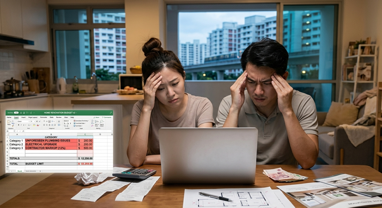 Stressed homeowners looking at a laptop while budgeting for unexpected home renovation costs and contractor markups.