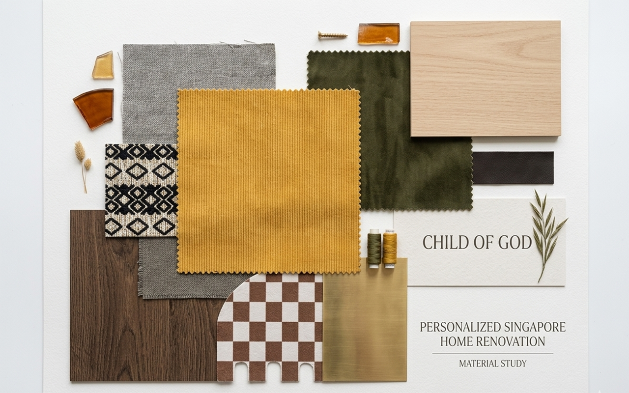 Interior design mood board with material samples, and fabric swatches for a personalized Singapore home renovation project.