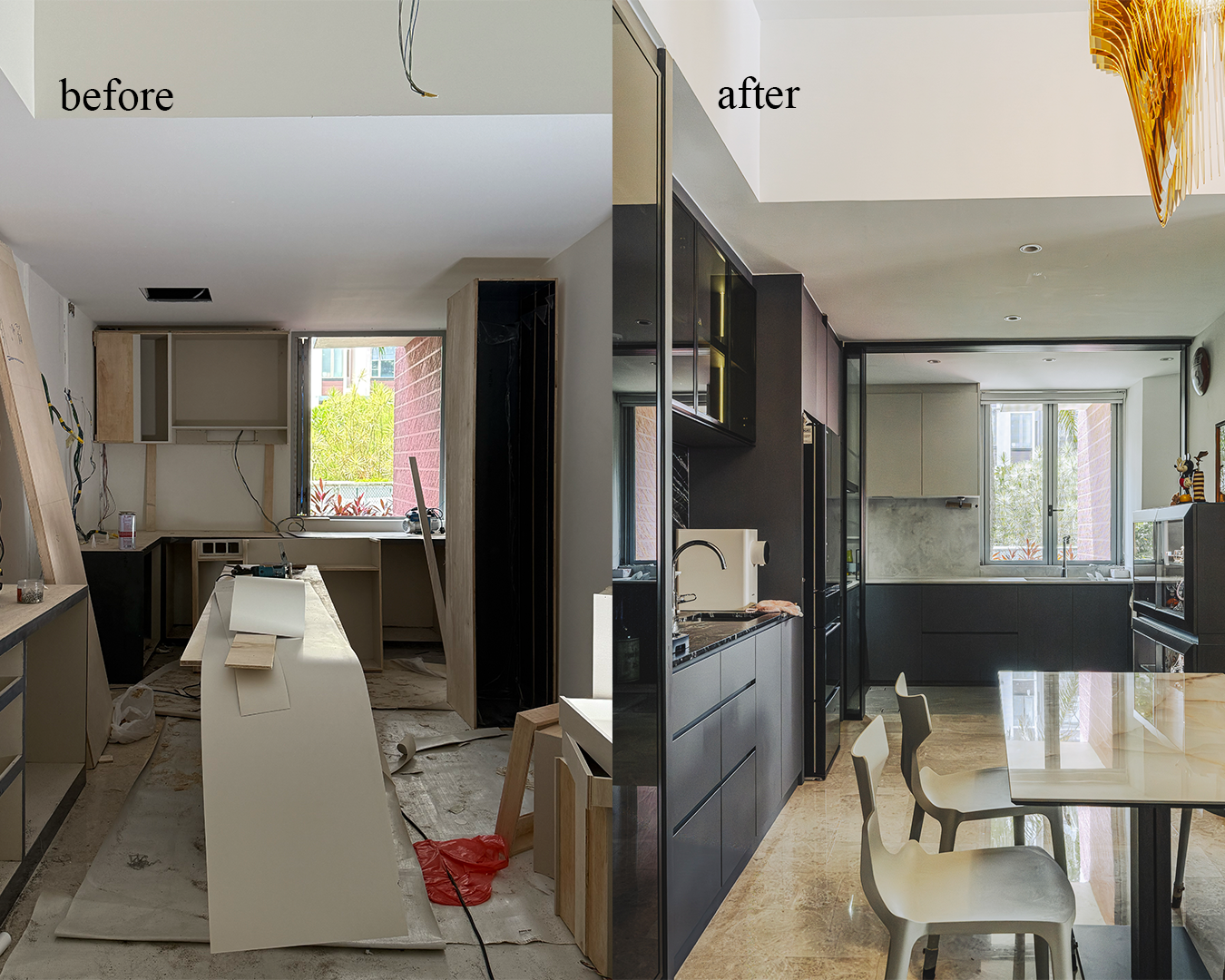 Before and after Singapore condo kitchen renovation featuring modern dark carpentry, glass partitions, and luxury contemporary interior design transformation.