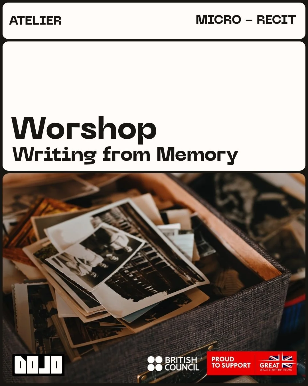 Affiche d’atelier d’écriture « Writing from Memory », avec des photographies anciennes dans une valise et les logos du British Council et du Royaume-Uni.