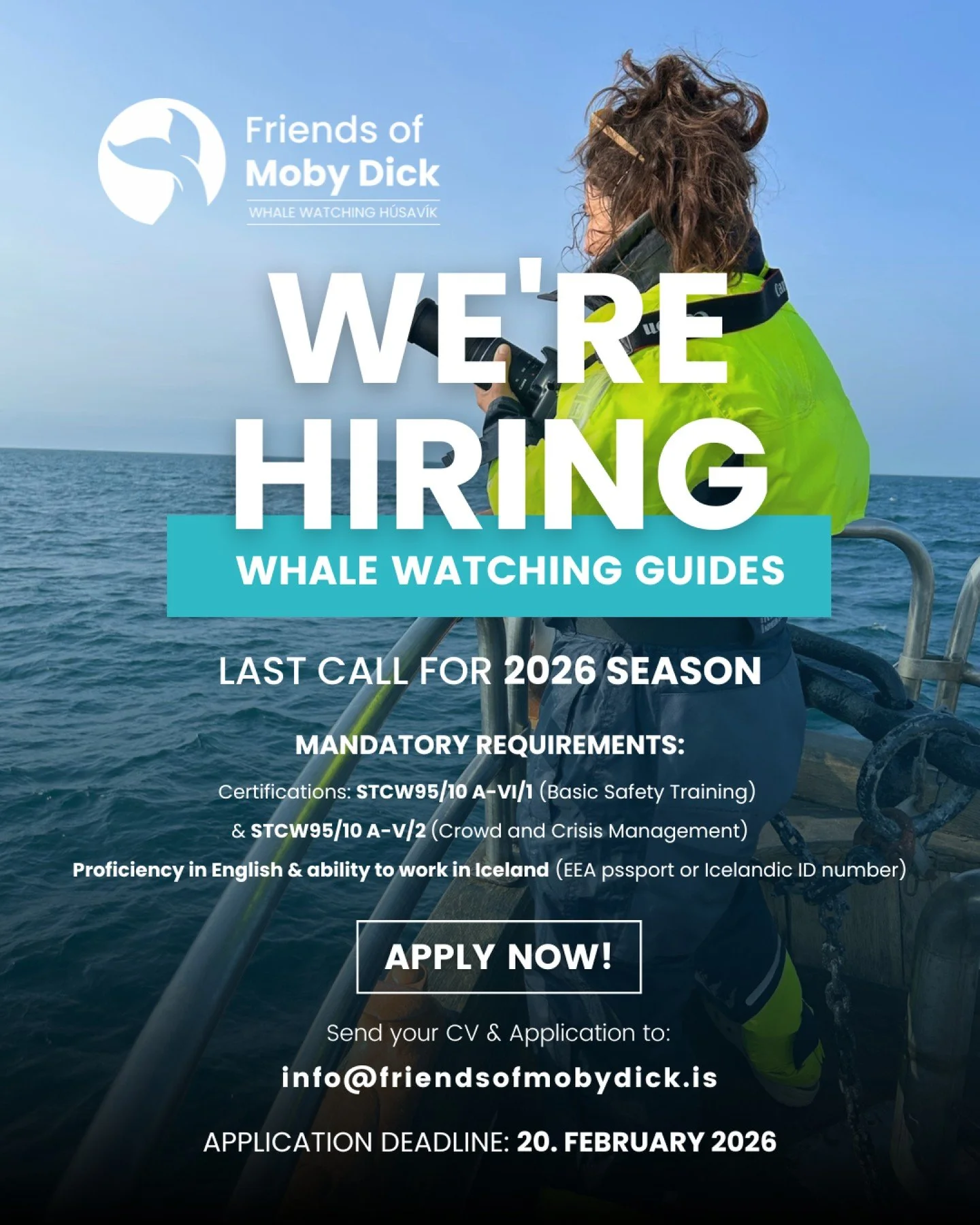 Dreaming of a summer at sea? 🌊🐋
This is LAST CALL to apply for our Summer 2026 position for Whale Watching Guides in H&uacute;sav&iacute;k, Iceland.

Requirements:

✔ STCW Basic Safety &amp; Crowd/Crisis Management
✔ Marine Biology degree (or relat