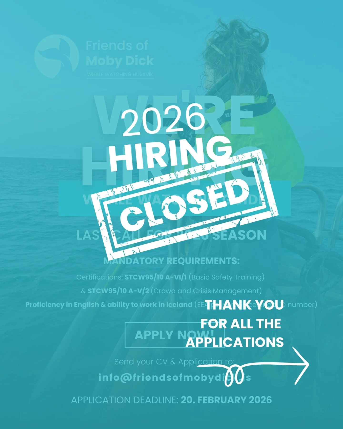 We have now finished accepting applications for the 2026 Whale Watching Guide position. 

A big thank you to everyone who applied, reached out, shared your stories, and showed such passion for marine wildlife and conservation. Reading your applicatio