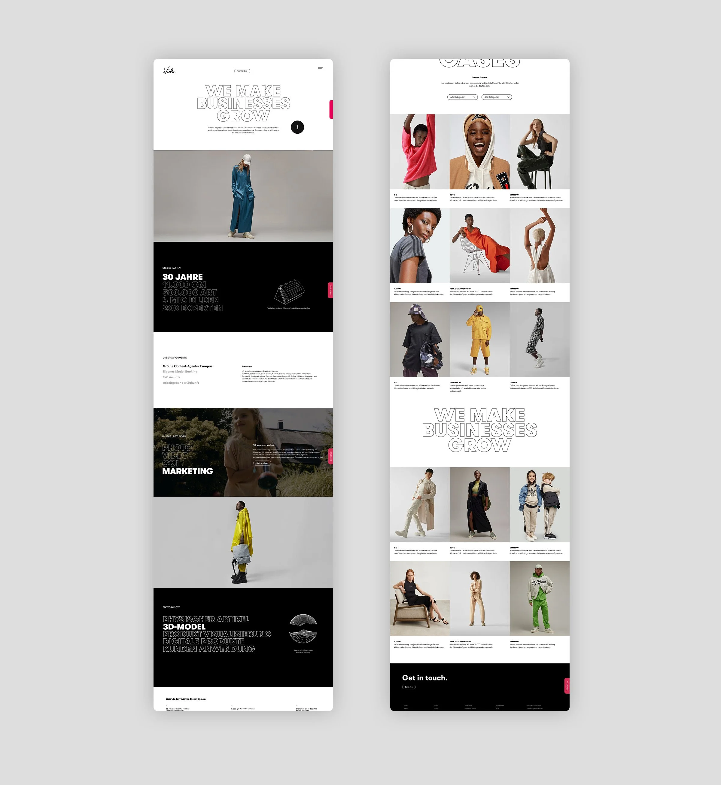 Zwei Website-Designs in Schwarz-Weiß mit Fotos von Models in verschiedener Kleidung, Texten und Navigationselementen.