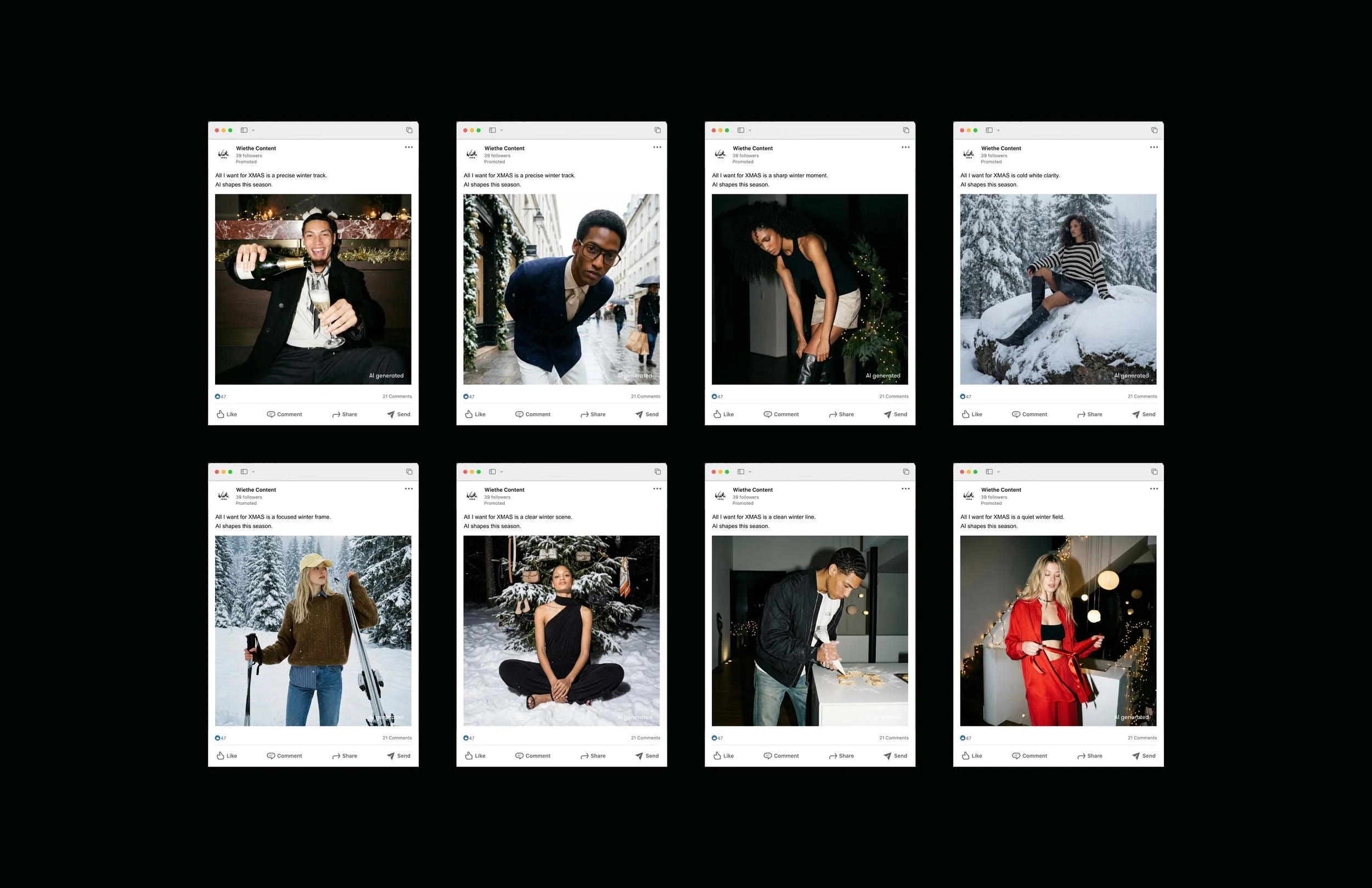 Zwei Reihen mit vier Social Media Beiträgen, die festliche Winter- und Weihnachtsmotive mit Menschen in verschiedenen Szenen zeigen. Einige Bilder sind im winterlichen Schnee, andere in urbanen oder indoor Umgebungen, alle mit saisonalem Bezug.