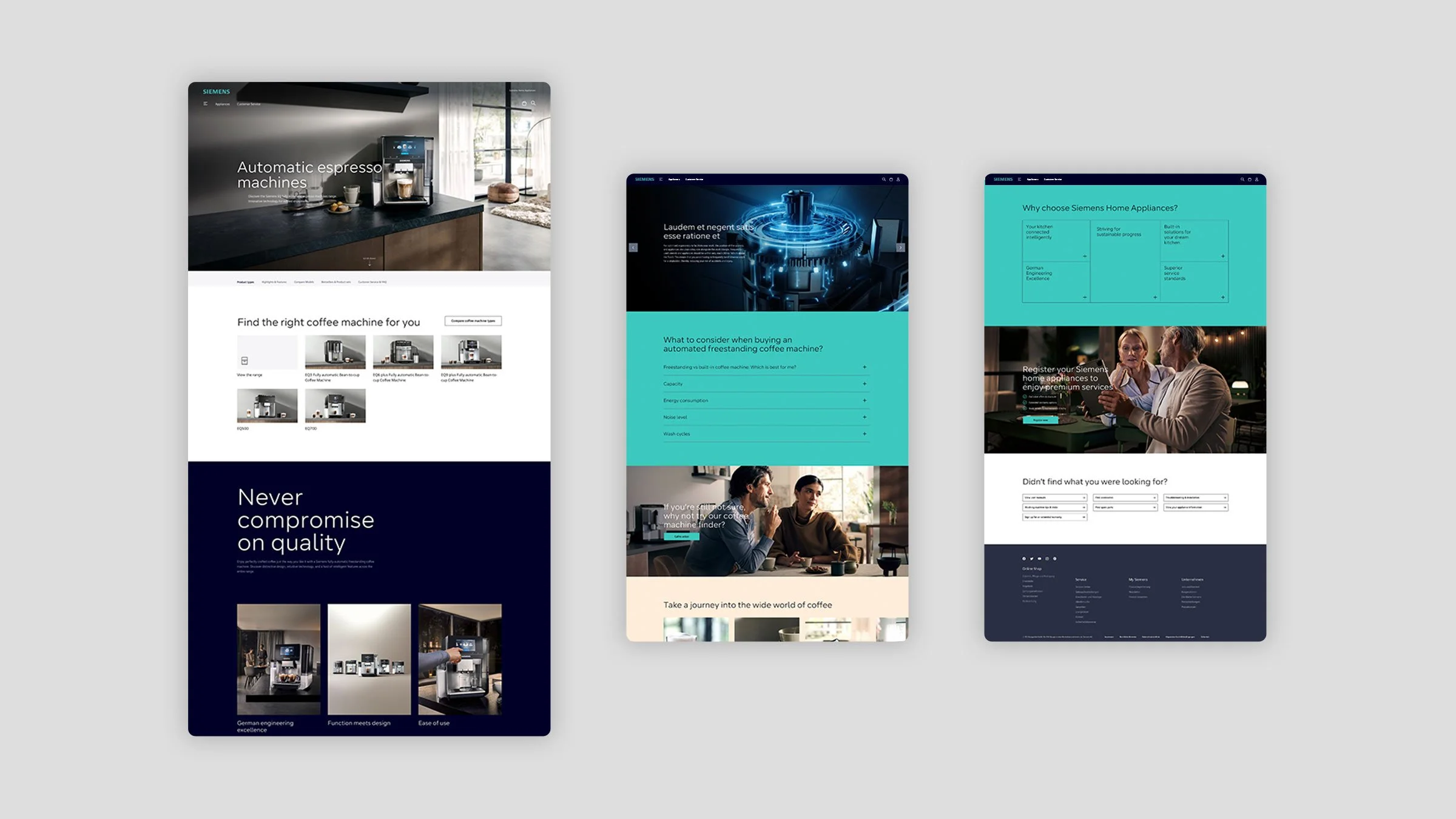 Drei Webseiten-Designs für Siemens-Kaffeemaschinen und Haushaltsgeräte, mit verschiedenen Themen wie Maschineauswahl, Technologie und Kundenservice, auf einem grauen Hintergrund.