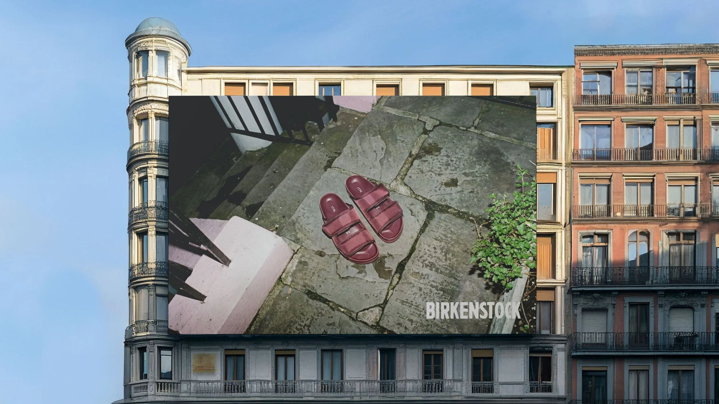 Großes digitales Plakat an einem Altbaugebäude zeigt eine Aufnahme von roten Birkenstock-Sandalen auf einem Kopfsteinpflaster, mit grüner Pflanze im rechten unteren Bereich. Das Wort 'BIRKENSTOCK' ist in weiß am unteren rechten Rand des Plakats sichtbar.