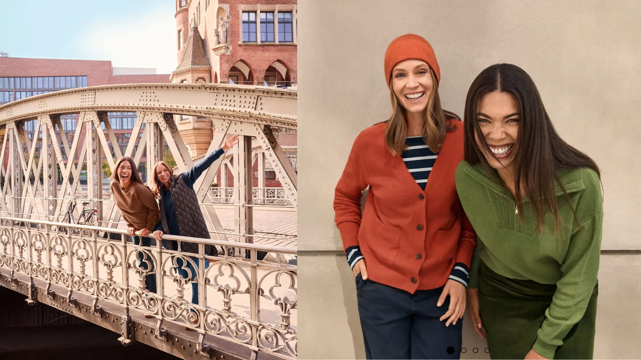Zwei Frauen lachen und posieren im Freien auf einer Brücke mit historischen Gebäuden im Hintergrund. Die andere Frauen steht vor einer hellen Wand, trägt einen Rotbraunen Cardigan, eine gestreifte Bluse und einen roten Beanie, während die andere einen grünen Pullover trägt. Beide Frauen lachen fröhlich.