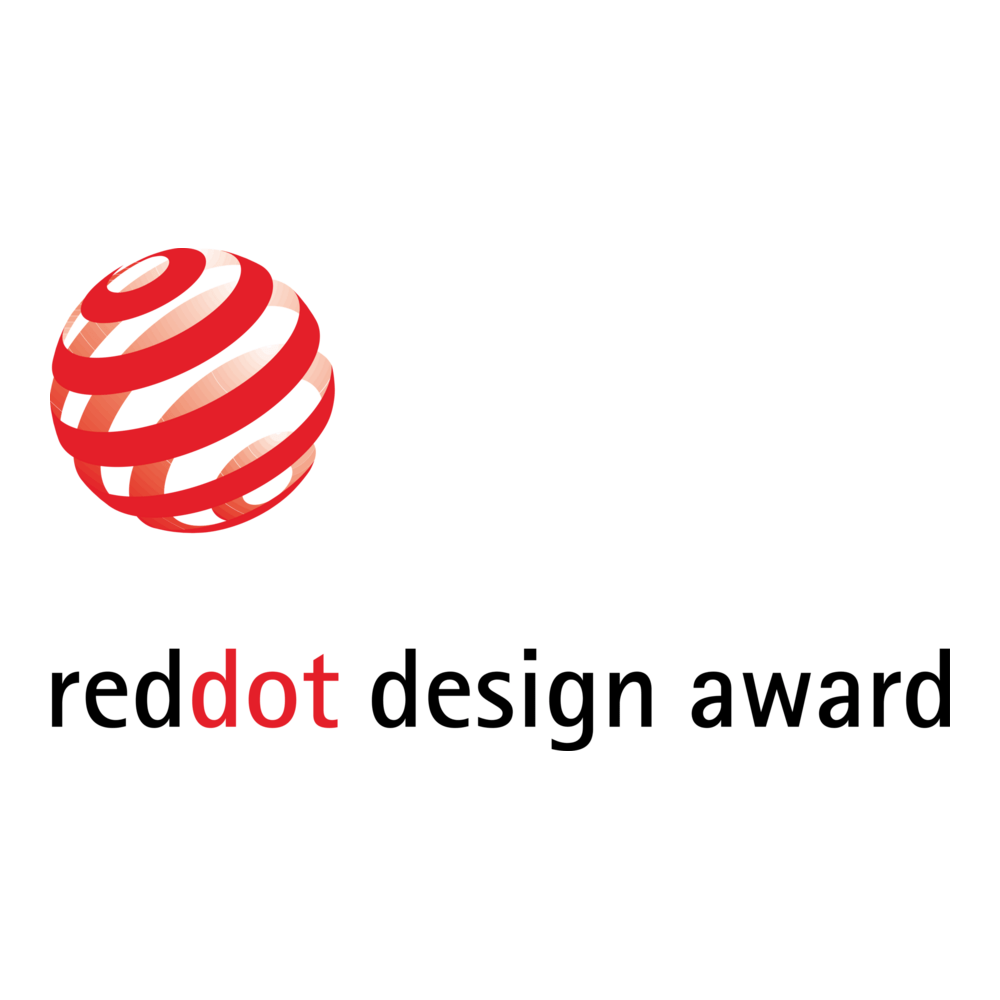 Ein roter, spiralförmiger, revolutionär stilisierter Globus auf weißem Hintergrund mit dem Text 'reddot design award' darunter.