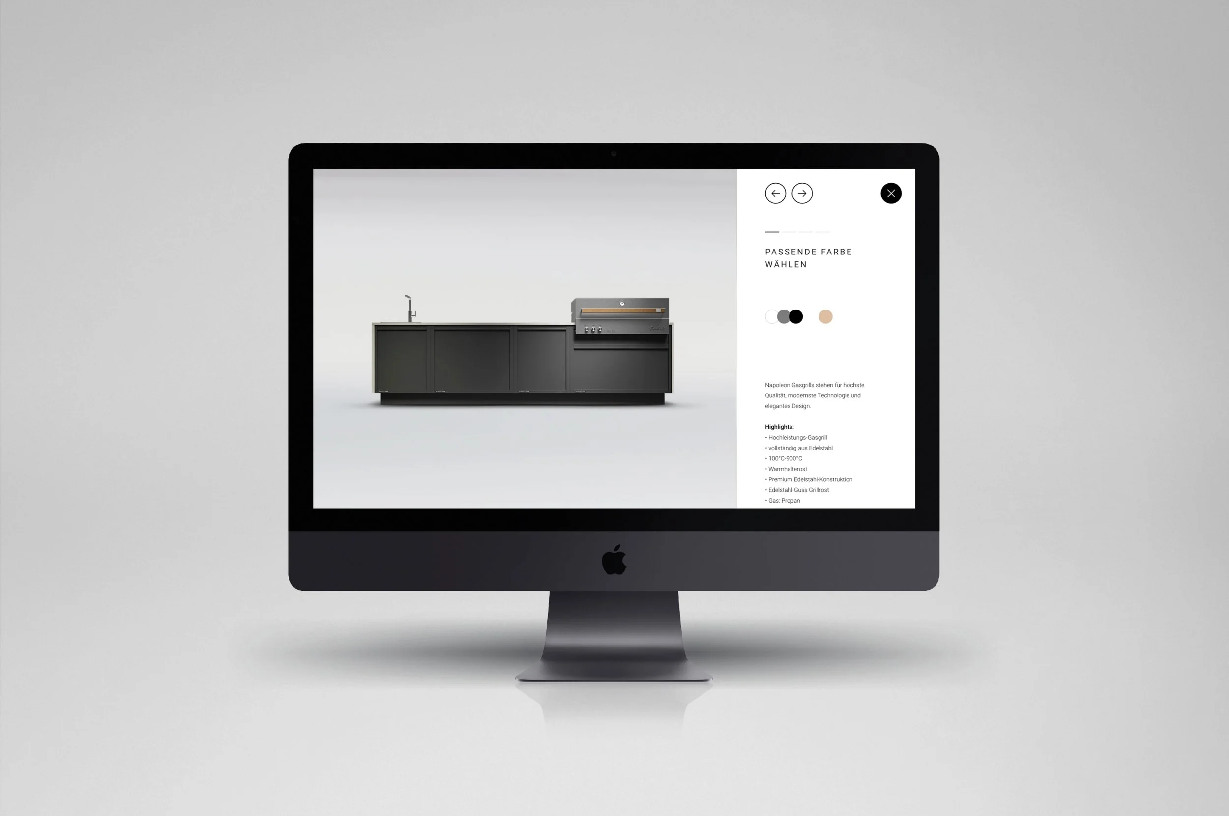 Ein Apple-Computerbildschirm zeigt eine Küchenzeile mit Kochfeld und Wasserhahn, mit einer Design-Auswahlseite auf der rechten Seite, auf der Farben ausgewählt werden können.