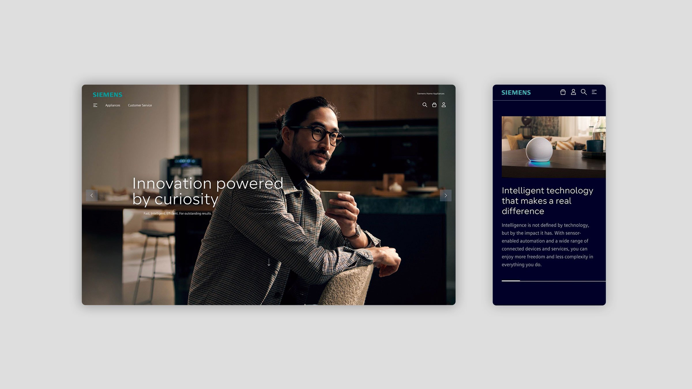 Zwei mobile Geräte mit der Webseite von Siemens, die Innovation und intelligente Technologie für den Haushalt zeigt. Auf der linken Seite ein Laptop mit einem Mann, der eine Tasse hält, im Hintergrund eine moderne Küchenszene. Rechts ein Smartphone mit einer ähnlichen Webseite, die smarte Geräte und Automatisierungslösungen präsentiert.