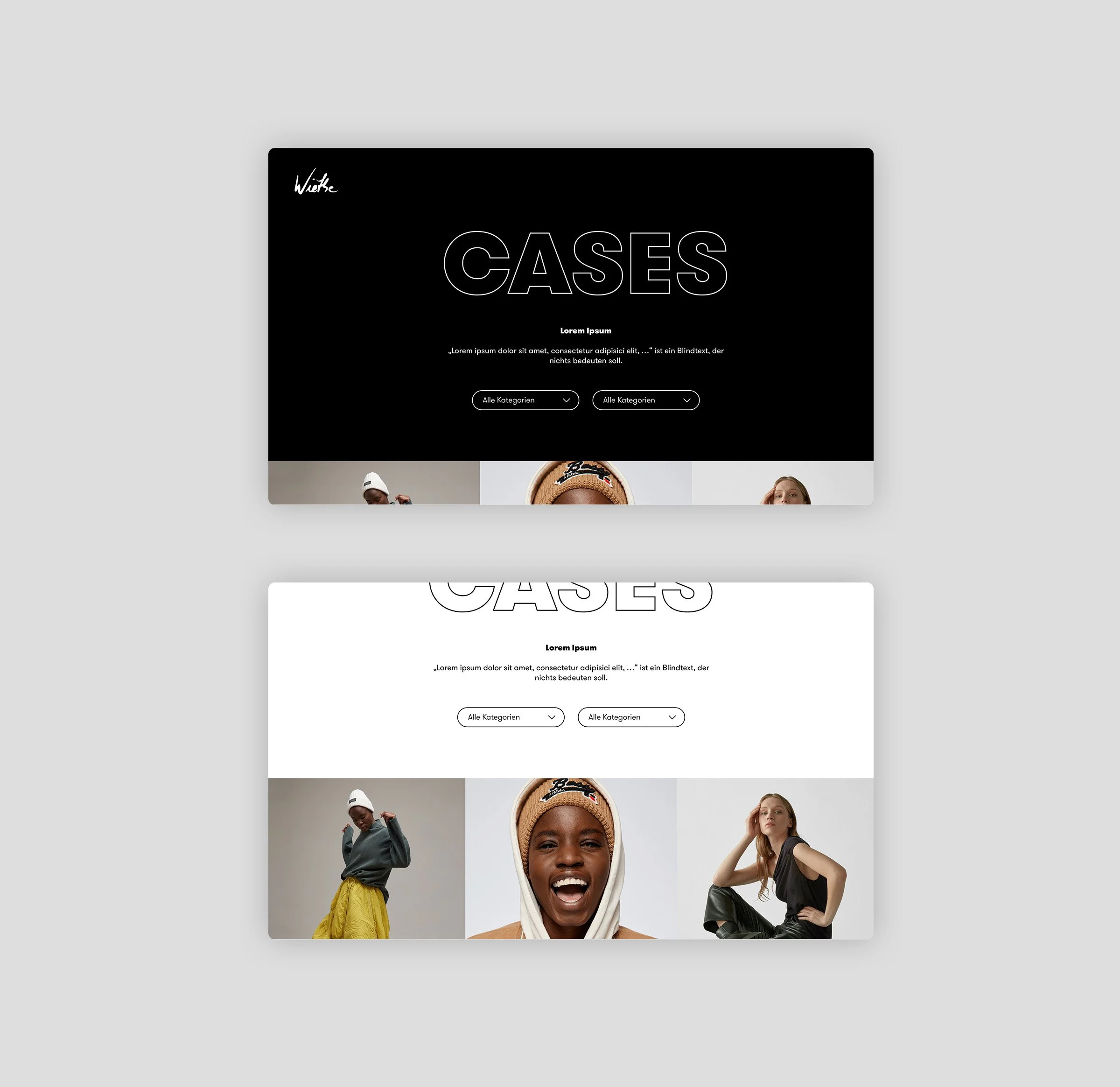 Zwei Webseitendesigns, eines mit schwarzem Hintergrund und eines mit weißem Hintergrund, beide zeigen eine Mode-Produktseite mit großen Überschriften "CASES" und Bildern von drei Models in verschiedenen Outfits.