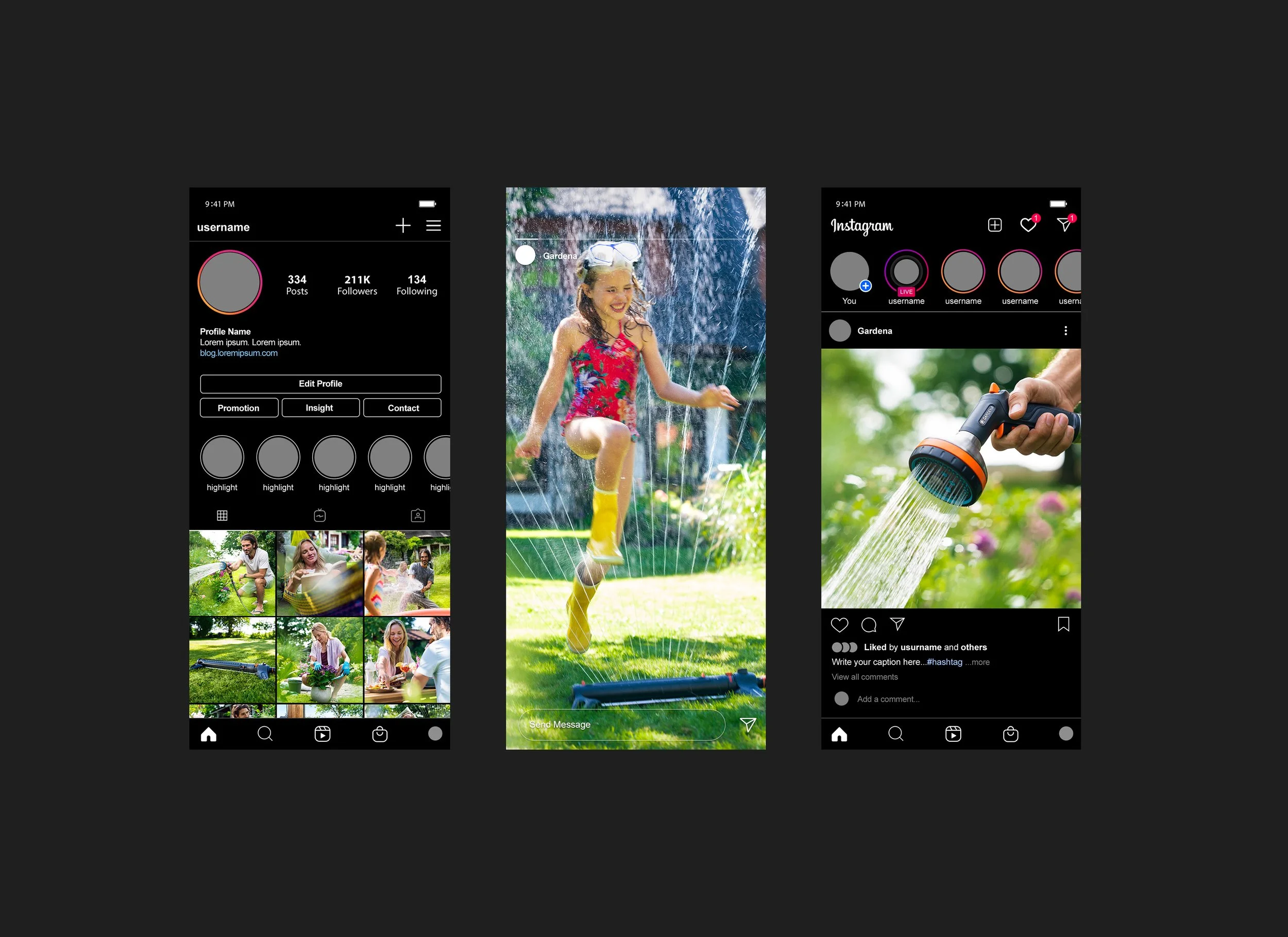 Drei Smartphone-Bildschirme, die Instagram-Profil, eine Person, die im Garten Wasser spritzt, und eine Hand, die eine Gartendusche hält.
