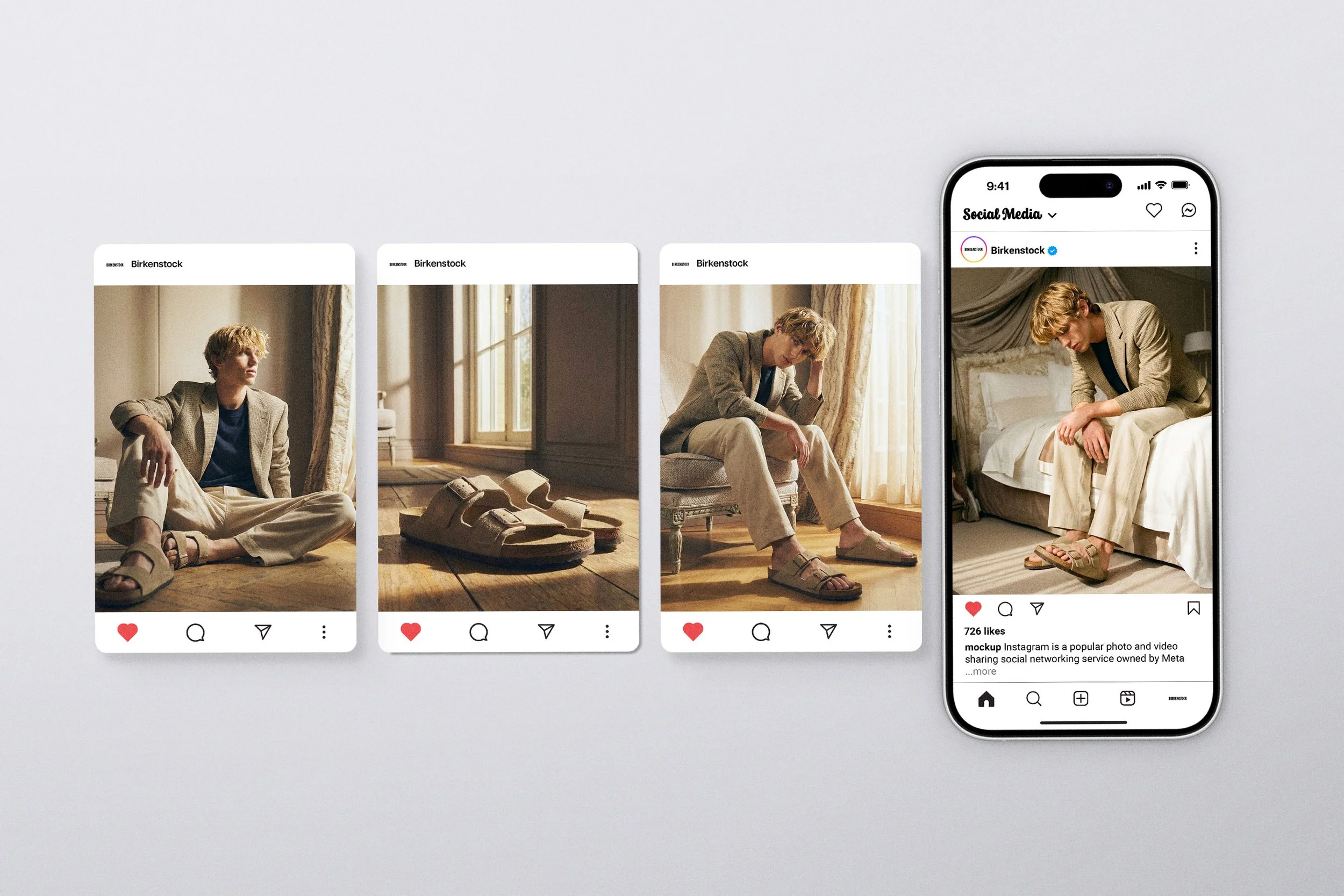 Ein junger Mann in beige Anzug und Sandalen sitzt auf einem Bett, in einem hell erleuchteten Raum, im Vergleich zu den vorherigen Bildern auftaucht er auf einem Smartphone, das eine soziale Medien-App zeigt.