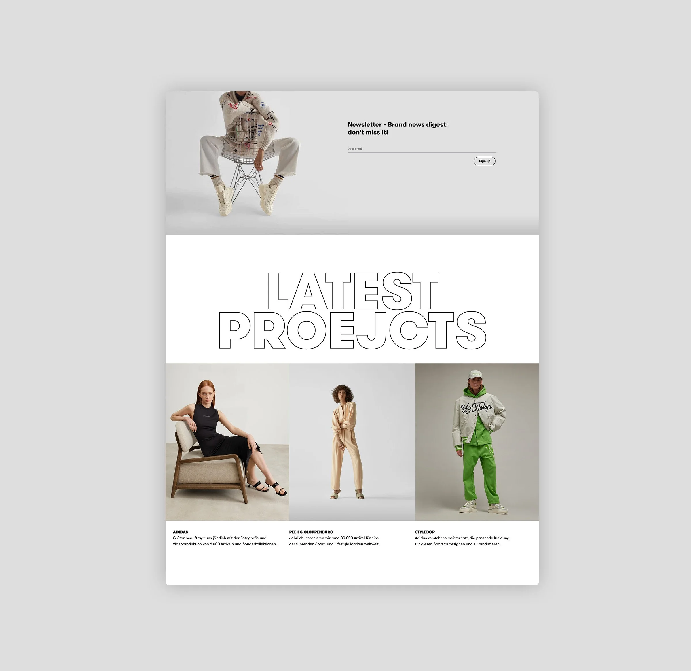 Eine Webseite, die die neuesten Modestudien zeigt, mit Bildern verschiedener Modelgestaltungen und Textbeschreibungen auf Deutsch.