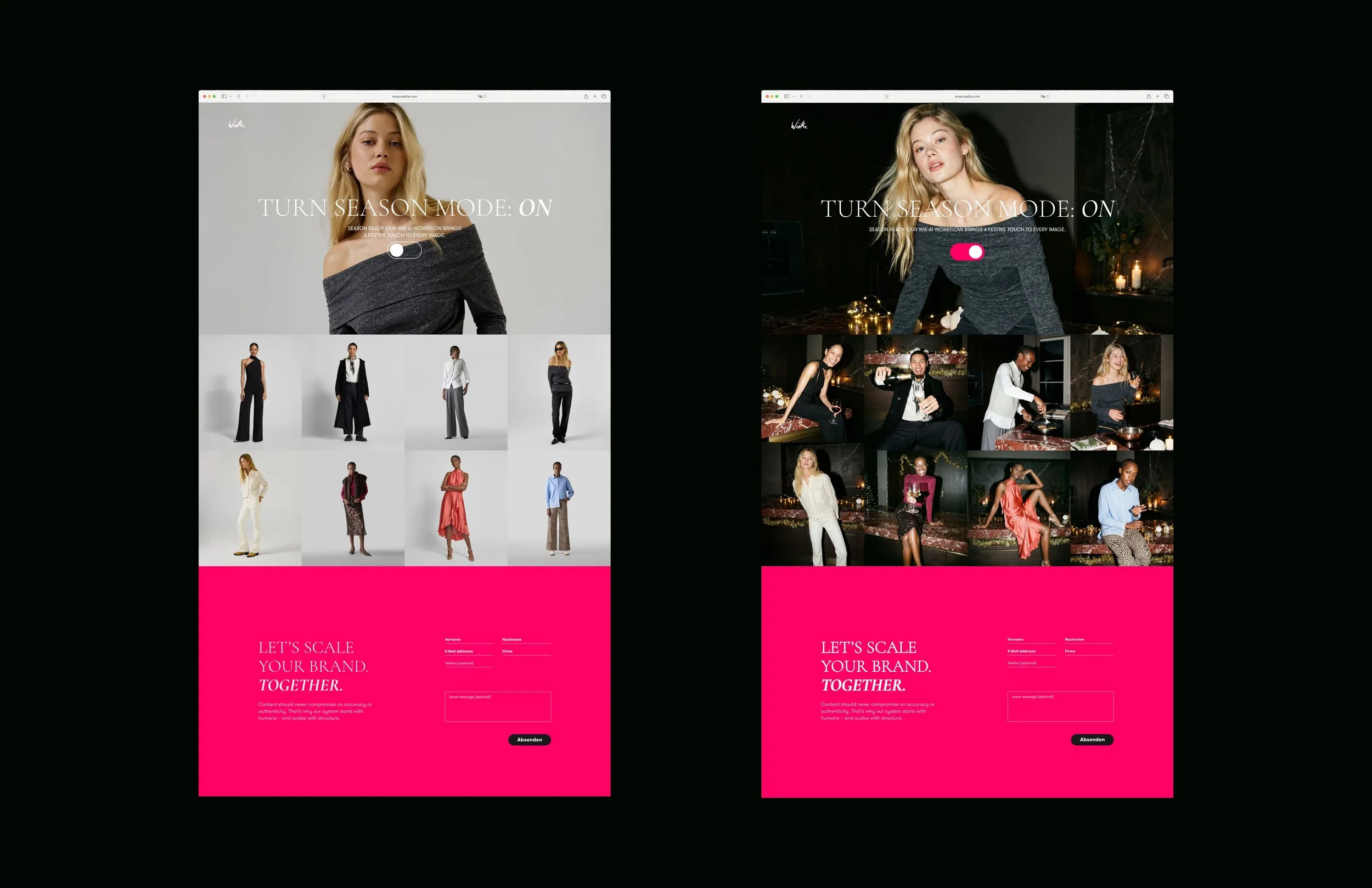 Zwei Screenshots einer Mode-Website, rechte und linke Seite, mit Frauenmode, einer in einem hellen Studio, die andere in einer festlichen Atmosphäre, beide mit pinkem Anmeldebereich am unteren Rand.