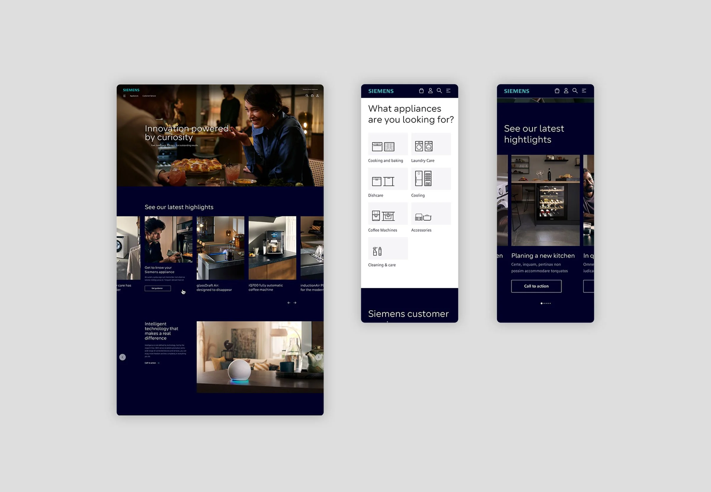 Mobile und Tablet Displays zeigen die Webseite und App von Siemens mit Highlights, Produktkategorien und neuesten Nachrichten