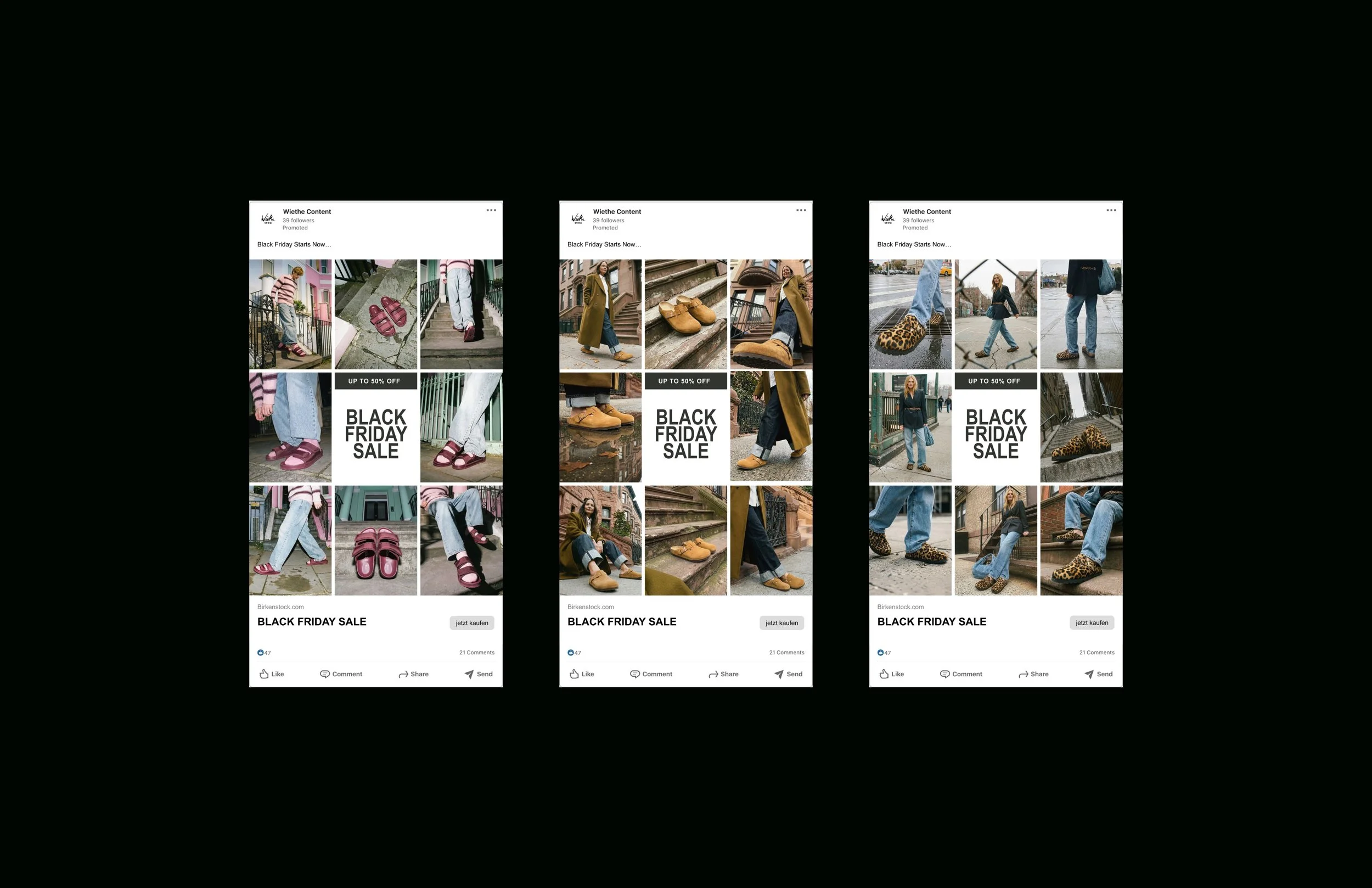 Drei Facebook-Postings zeigen verschiedene Schuhe für den Black Friday Sale, mit Bildern von Personen, die die Schuhe tragen, sowie Nahaufnahmen der Schuhe, und einem Text, der bis zu 50 % Rabatt ankündigt.