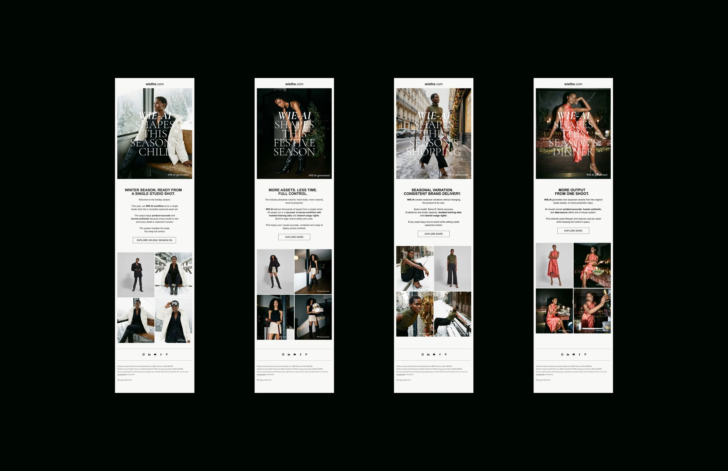 Vier Smartphone-Displays, die Webseiten mit Modebildern, Texten und Social Media Icons zeigen, auf schwarzem Hintergrund.