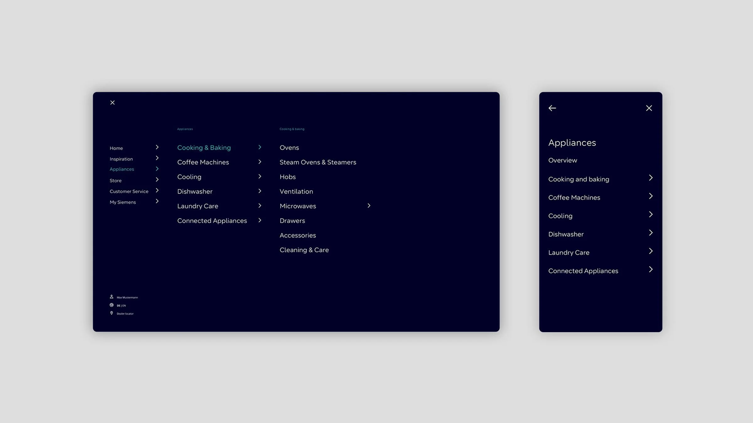 Screenshots einer Dunkelmodus-UI für ein Haushaltsgerät, die ein Menü mit Kategorien wie "Kochen & Backen", "Kaffeemaschinen" und "Kühlung" zeigt, mit Navigationselementen oben links für "Zurück" und oben rechts zum Schließen.