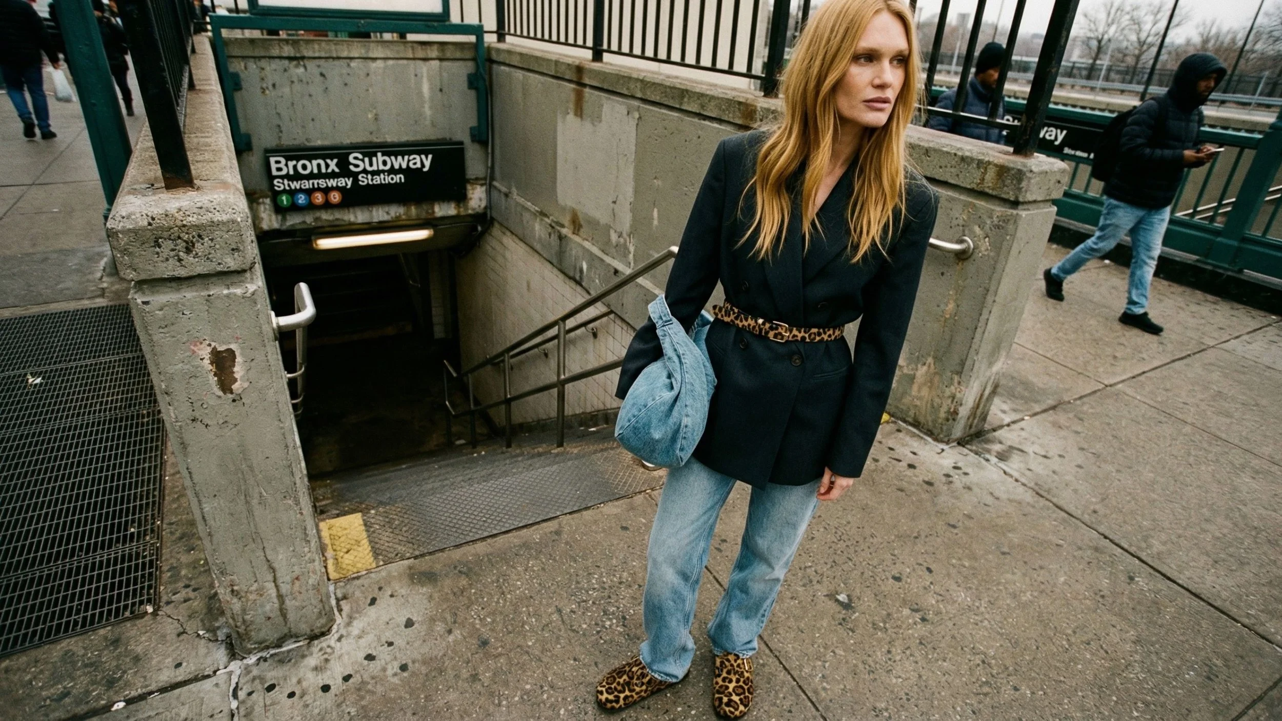Eine junge Frau mit roten Haaren, dunklem Blazer, Leopardenmuster-Gürtel, hellblauen Jeans und Leopardenmuster-Schuhen, steht vor dem Eingang der Bronx Subway Station in New York, während andere Menschen im Hintergrund die Stadt erkunden.