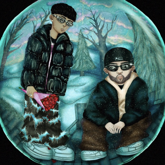 Two digitally illustrated characters outdoors in a winter scene with trees and snow. One person stands and holds a small red object, while the other sits and makes a hand gesture. Both wear sunglasses and winter clothing.