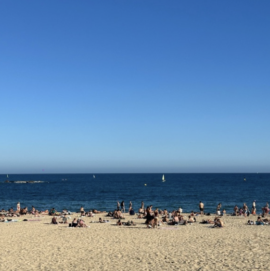 Beach scene with people sunbathing and walking, a clear blue sky, sailboats on the water, and a rocky jetty in the distance.