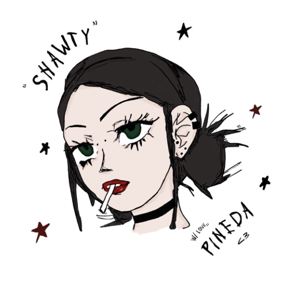 Cartoon illustration of a girl with dark hair styled in two messy buns, large green eyes with long eyelashes, red lips, a cigarette in her mouth, and multiple earrings. Words 'SHINY' and 'PINEDA' are written around her, with small black and red stars surrounding her.