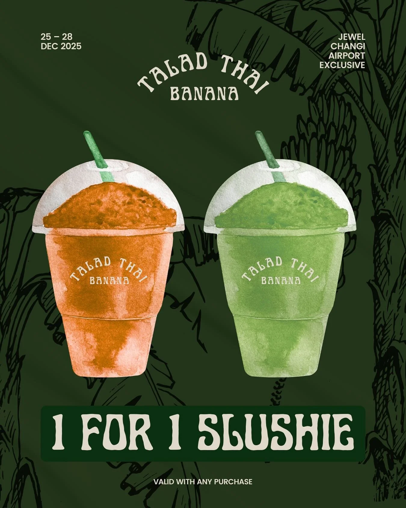 [JEWEL OPENING CHRISTMAS EXCLUSIVE: 1-FOR-1 SLUSHIE] This christmas, enjoy 1-for-thai milk tea slushie exclusively at our @jewelchangiairport perfect for your pre-flight boost with any purchase ✈️🍌🎄🎅

Available in-store and on @grabfoodsg from 25 