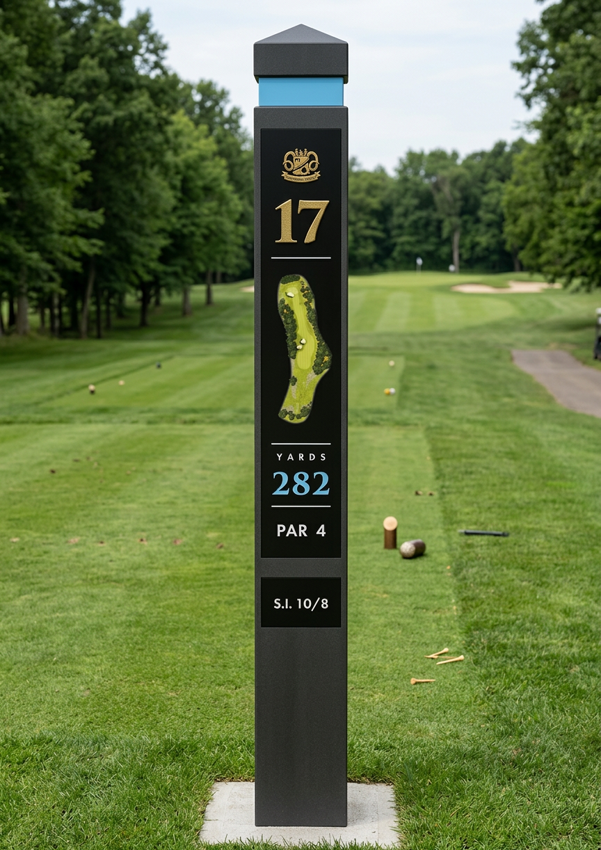 Firefly_Gemini Flash_Use this 2d reference of a finger post and create a 3d render on a golf course 342892.png