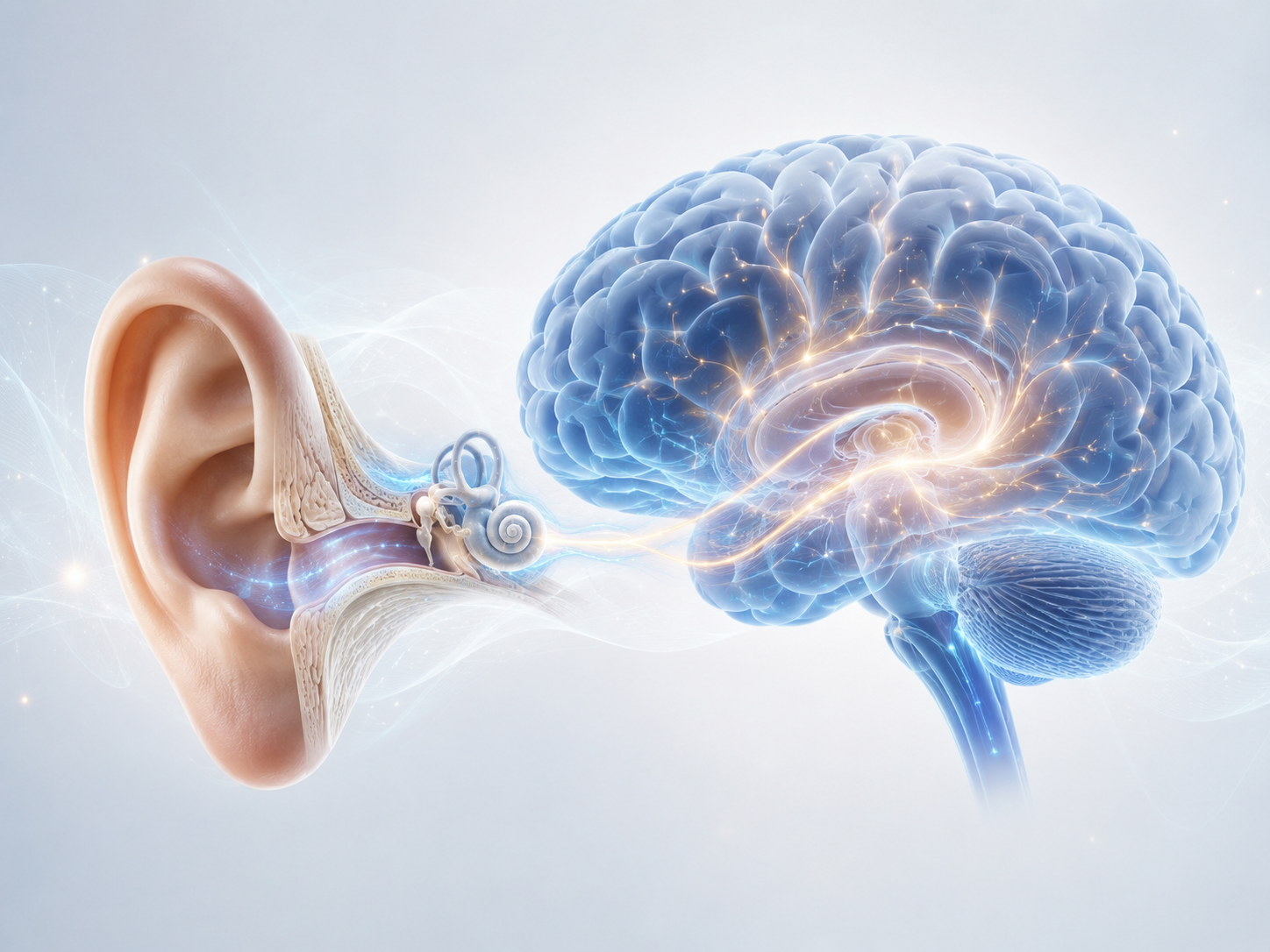 Illustration of an ear connected to a brain with neural activity depicted by glowing lines.